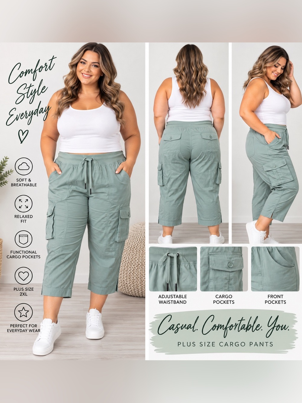 Plus-Size Cargo Capris - Sage Green